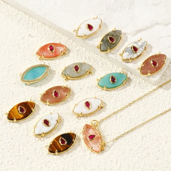 Imagen de 1 Unidad Respetuoso del Medio Ambiente Gema & Latón Conectores Dijes Colgantes Al Por Mayor 18K Oro Real Chapado Oliva Fucsia Circón Artificial 22mm x 12mm