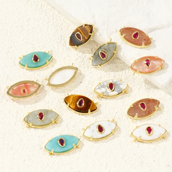 Imagen de 1 Unidad Respetuoso del Medio Ambiente Gema & Latón Conectores Dijes Colgantes Al Por Mayor 18K Oro Real Chapado Oliva Fucsia Circón Artificial 22mm x 12mm