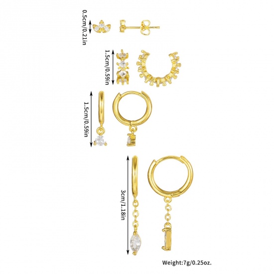 Picture of Wholesale Simple Ins Style Ear Post Stud Earrings Set, Clear Cubic Zirconia Multicolor Brass, Women's Gift Jewelry Supply, 3cm