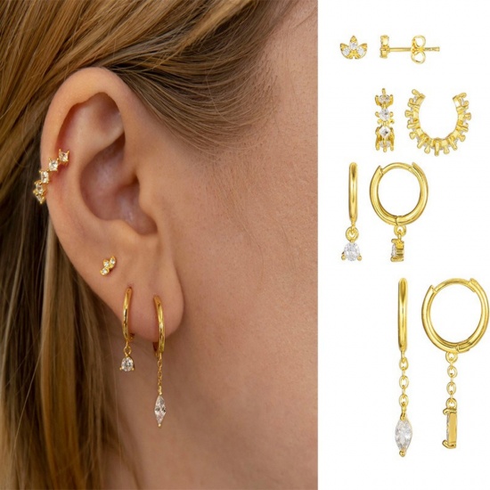 Picture of Wholesale Simple Ins Style Ear Post Stud Earrings Set, Clear Cubic Zirconia Multicolor Brass, Women's Gift Jewelry Supply, 3cm