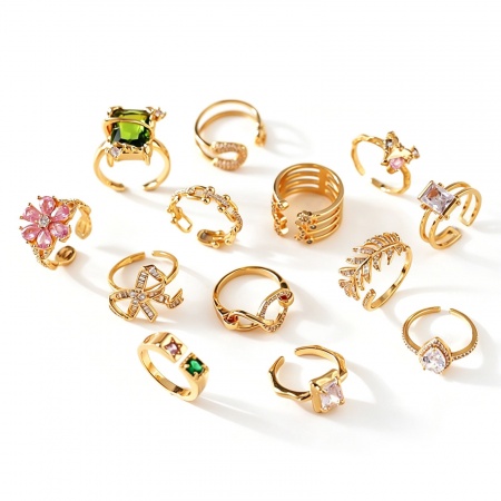 Picture of Wholesale Women's Gift Clear Cubic Zirconia Open Adjustable Rings, 18K Gold Plated Brass, Stylish Retro Jewelry Supply, 17.3mm(US Size 7)