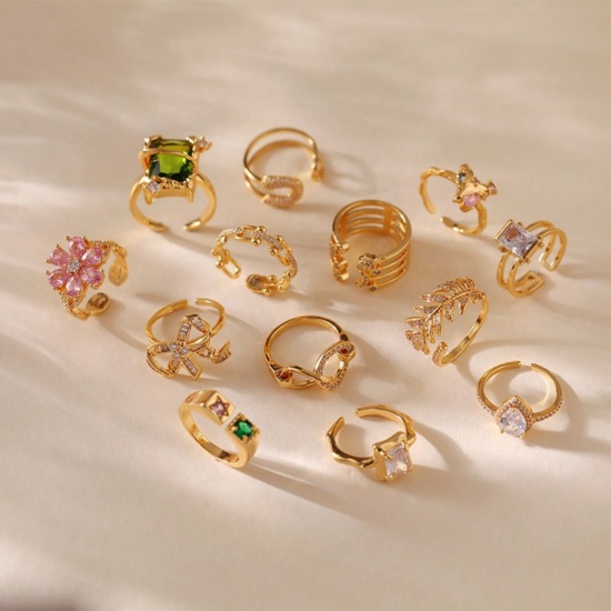 Picture of Wholesale Women's Gift Clear Cubic Zirconia Open Adjustable Rings, 18K Gold Plated Brass, Stylish Retro Jewelry Supply, 17.3mm(US Size 7)