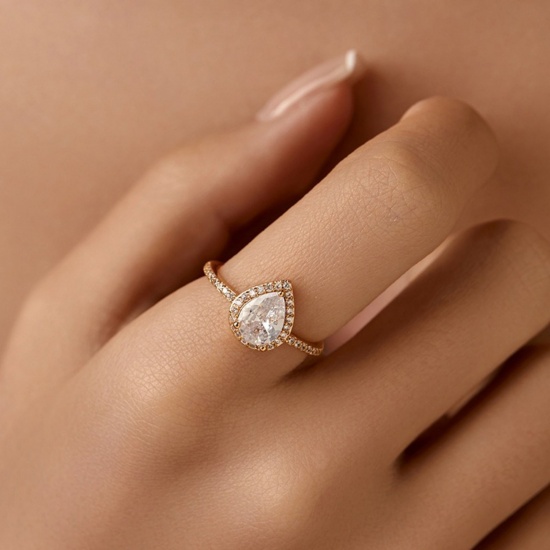 Picture of Wholesale Women's Gift Clear Cubic Zirconia Open Adjustable Rings, 18K Gold Plated Brass, Stylish Retro Jewelry Supply, 17.3mm(US Size 7)