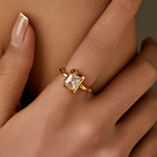 Picture of Wholesale Women's Gift Clear Cubic Zirconia Open Adjustable Rings, 18K Gold Plated Brass, Stylish Retro Jewelry Supply, 17.3mm(US Size 7)