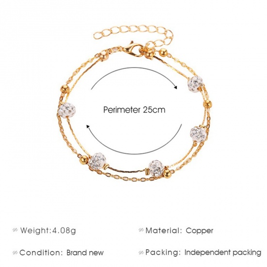 Bild von Großhandel Transparent Strassstein Messing Mehrschichtige Fußkette, Bunt Frauen Pave Perlen Stil Stilvoll Geschenk Schmuckbedarf, 20cm + 5cm lang, 1 Strang