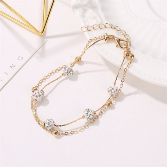 Bild von Großhandel Transparent Strassstein Messing Mehrschichtige Fußkette, Bunt Frauen Pave Perlen Stil Stilvoll Geschenk Schmuckbedarf, 20cm + 5cm lang, 1 Strang