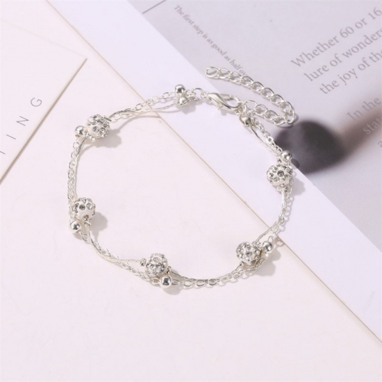 Bild von Großhandel Transparent Strassstein Messing Mehrschichtige Fußkette, Bunt Frauen Pave Perlen Stil Stilvoll Geschenk Schmuckbedarf, 20cm + 5cm lang, 1 Strang