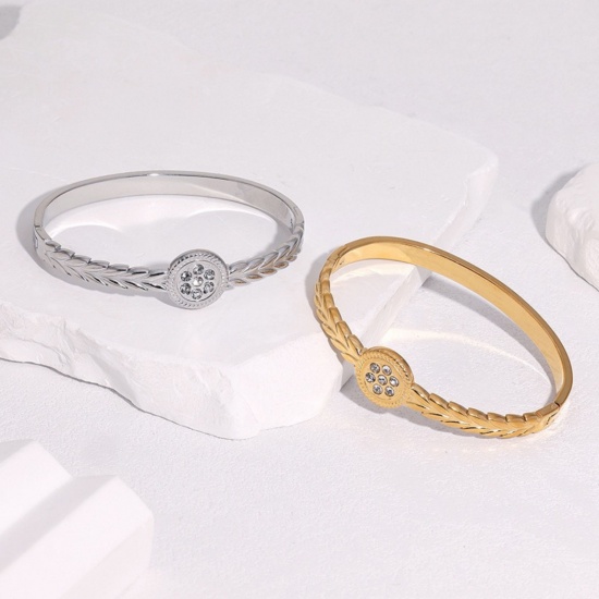 Picture of Wholesale Ear Of Wheat Clear Rhinestone 304 Stainless Steel Open Cuff Bangles Bracelets, Multicolor Eco-friendly, Women's Exquisite Stylish Gift Jewelry Supply, 6.2cm Dia.