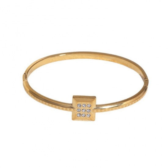 Picture of Wholesale Square Clear Rhinestone 304 Stainless Steel Open Cuff Bangles Bracelets, Multicolor Eco-friendly, Women's Exquisite Stylish Gift Jewelry Supply, 6.25cm Dia.