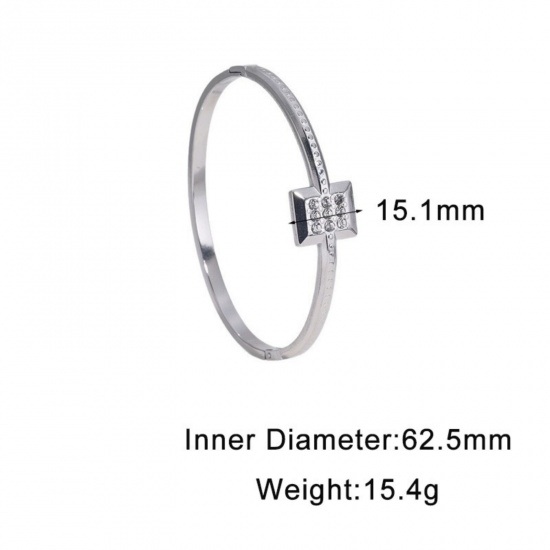 Picture of Wholesale Square Clear Rhinestone 304 Stainless Steel Open Cuff Bangles Bracelets, Multicolor Eco-friendly, Women's Exquisite Stylish Gift Jewelry Supply, 6.25cm Dia.