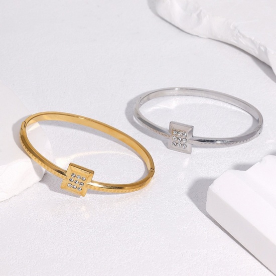 Picture of Wholesale Square Clear Rhinestone 304 Stainless Steel Open Cuff Bangles Bracelets, Multicolor Eco-friendly, Women's Exquisite Stylish Gift Jewelry Supply, 6.25cm Dia.