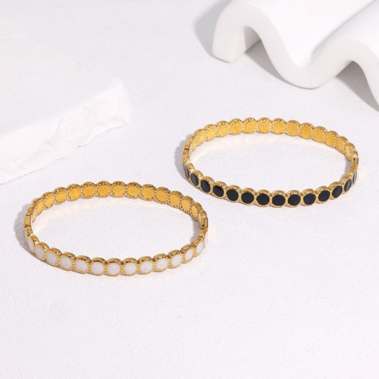 Picture of Wholesale Dot Enamel 304 Stainless Steel Open Cuff Bangles Bracelets, 18K Gold Plated Eco-friendly PVD, Women's Exquisite Stylish Gift Jewelry Supply, 6cm Dia.