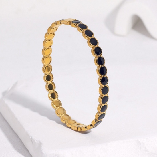 Picture of Wholesale Dot Enamel 304 Stainless Steel Open Cuff Bangles Bracelets, 18K Gold Plated Eco-friendly PVD, Women's Exquisite Stylish Gift Jewelry Supply, 6cm Dia.