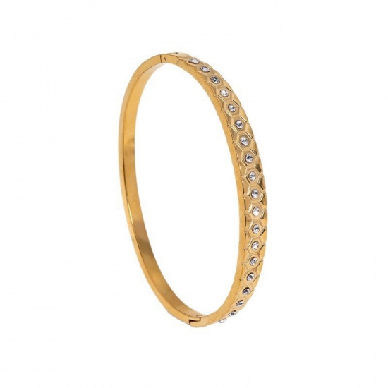 Picture of Wholesale Clear Rhinestone 304 Stainless Steel Open Cuff Bangles Bracelets, Multicolor Eco-friendly, Women's Exquisite Stylish Gift Jewelry Supply, 6.2cm Dia.