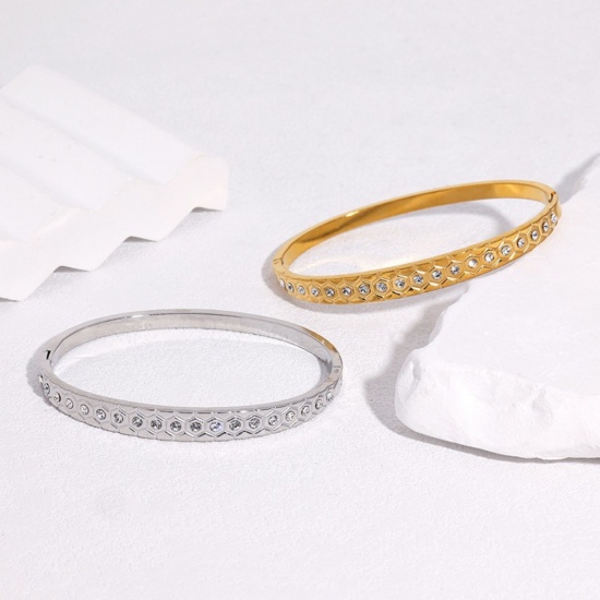 Picture of Wholesale Clear Rhinestone 304 Stainless Steel Open Cuff Bangles Bracelets, Multicolor Eco-friendly, Women's Exquisite Stylish Gift Jewelry Supply, 6.2cm Dia.