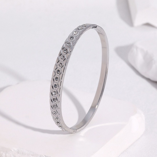 Picture of Wholesale Clear Rhinestone 304 Stainless Steel Open Cuff Bangles Bracelets, Multicolor Eco-friendly, Women's Exquisite Stylish Gift Jewelry Supply, 6.2cm Dia.