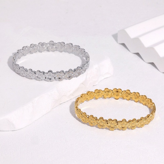 Picture of Wholesale Flower 304 Stainless Steel Open Cuff Bangles Bracelets, Multicolor Eco-friendly, Women's Pastoral Style Stylish Gift Jewelry Supply, 6.1cm Dia.