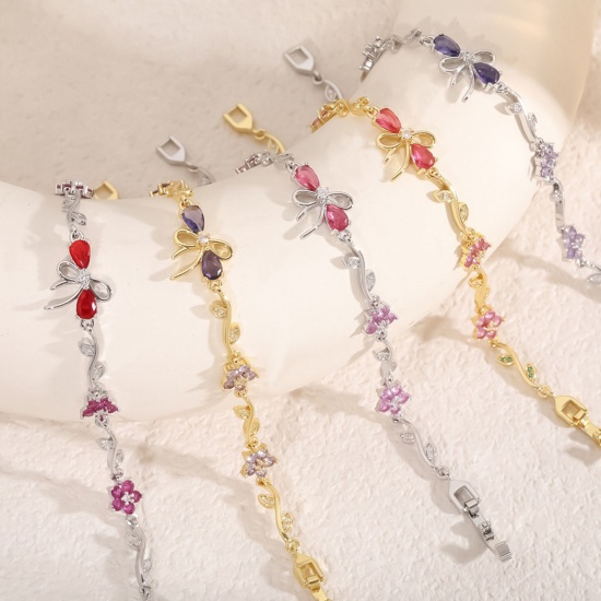 Bild von Großhandel Schleife Blumen Messing Armband, Echtgold plattiert Umweltfreundlich, Frauen Stilvoll Elegant Geschenk Schmuckbedarf, 17cm lang
