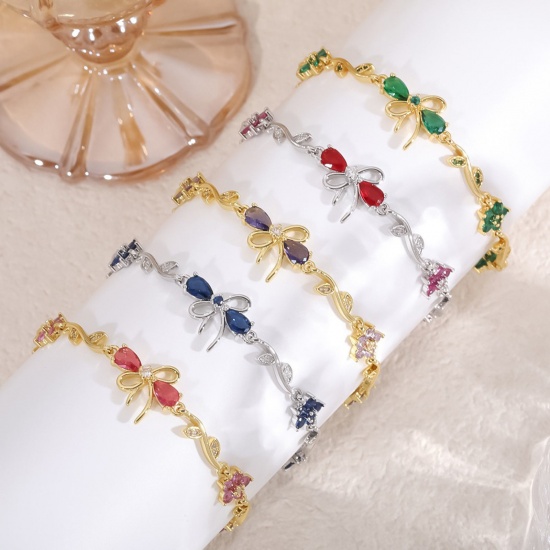 Bild von Großhandel Schleife Blumen Messing Armband, Echtgold plattiert Umweltfreundlich, Frauen Stilvoll Elegant Geschenk Schmuckbedarf, 17cm lang