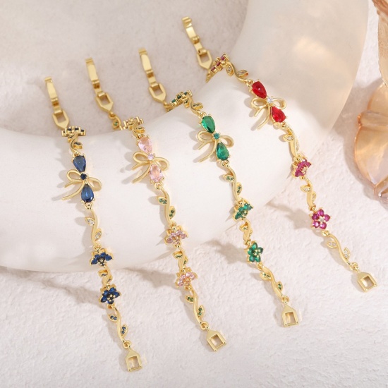 Bild von Großhandel Schleife Blumen Messing Armband, Echtgold plattiert Umweltfreundlich, Frauen Stilvoll Elegant Geschenk Schmuckbedarf, 17cm lang