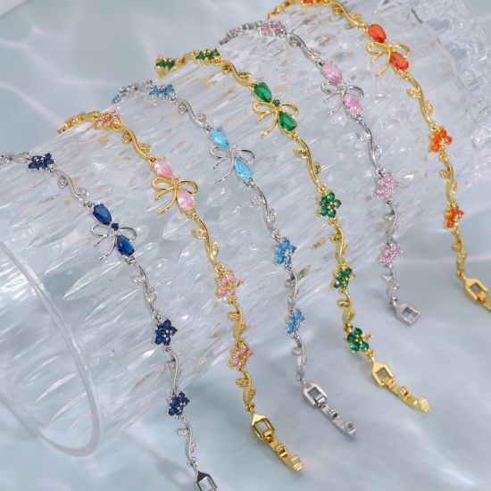 Bild von Großhandel Schleife Blumen Messing Armband, Echtgold plattiert Umweltfreundlich, Frauen Stilvoll Elegant Geschenk Schmuckbedarf, 17cm lang