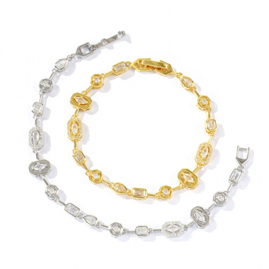 Picture of Wholesale Geometric Clear Cubic Zirconia Brass Bracelets, Real Gold Plated Eco-friendly, Women's Stylish Dainty Gift Jewelry Supply, 17cm(6.7") long