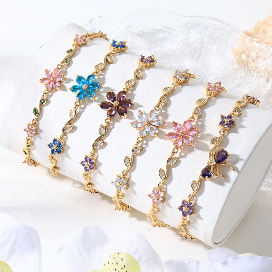 Picture of Wholesale Flower Brass Bracelets, Real Gold Plated Eco-friendly, Women's Stylish Dainty Gift Jewelry Supply, 13cm(5.1") + 6cm(2.4") long