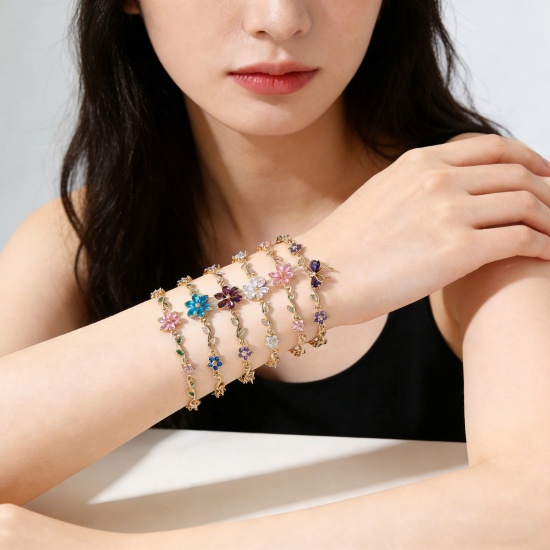 Picture of Wholesale Flower Brass Bracelets, Real Gold Plated Eco-friendly, Women's Stylish Dainty Gift Jewelry Supply, 13cm(5.1") + 6cm(2.4") long