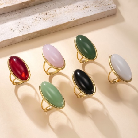 Изображение Wholesale Women's Gift Oval Multicolor Unadjustable Rings, 18K Gold Plated 304 Stainless Steel & Gemstone, Vacuum Plating Retro Dainty Jewelry Supply, 17.3mm(US Size 7)