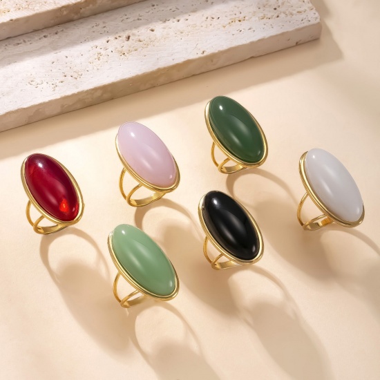 Picture of Wholesale Women's Gift Oval Multicolor Unadjustable Rings, 18K Gold Plated 304 Stainless Steel & Gemstone, Vacuum Plating Retro Dainty Jewelry Supply, 17.3mm(US Size 7)