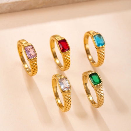 Immagine di Donne Regalo Striscia Multicolore Circonio Cubico Non Regolabile Anello All'Ingrosso, Placcato Oro 18K 304 Acciaio Inossidabile & Strass, Placcatura Sottovuoto Retrò Elegante Fornitura di Gioielli, 18.1mm (taglia di US: 8), 1 Pz
