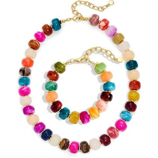 Picture of Wholesale Abacus Multicolor Beaded Curb Link Chain Necklace & Bracelet, Gold Plated Stainless Steel & Resin, Women's Hypoallergenic Boho Chic Bohemia Ethnic Style Gift Jewelry For Retailer