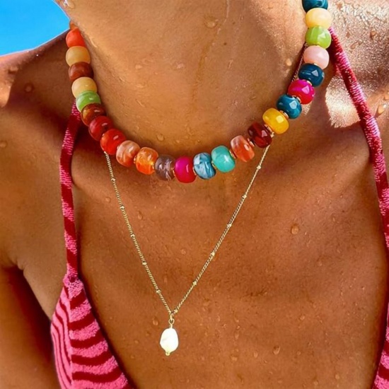 Picture of Wholesale Abacus Multicolor Beaded Curb Link Chain Necklace & Bracelet, Gold Plated Stainless Steel & Resin, Women's Hypoallergenic Boho Chic Bohemia Ethnic Style Gift Jewelry For Retailer
