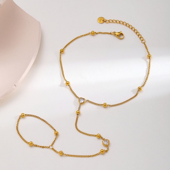 Immagine di Cuore 304 Acciaio Inossidabile & Zircone Cubico Catena a Maglia Fatta a Mano Bracciale anello di mano catena Slave All'Ingrosso, 18K Vero Oro Placcato PVD, Donne Elegante & Casual Squisito Regalo Fornitura di Gioielli, 1 Pz
