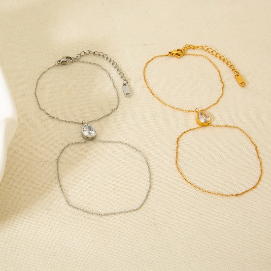 Immagine di Goccia Trasparente Strass 304 Acciaio Inossidabile Catena a Maglia Fatta a Mano Bracciale di Doppio Strato All'Ingrosso, 18K Vero Oro Placcato PVD, Donne Elegante & Casual Squisito Regalo Fornitura di Gioielli, 1 Pz