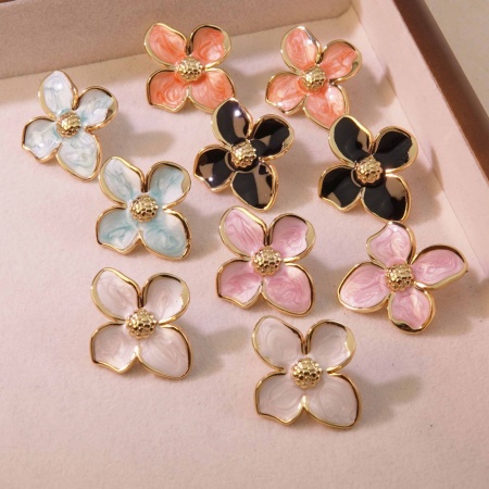 Изображение Wholesale Simple Retro Ear Post Stud Earrings, Petaline Enamel 18K Gold Plated 304 Stainless Steel, Women's Gift Jewelry Supply, 22mm x 22mm