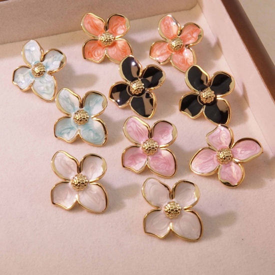 Picture of Wholesale Simple Retro Ear Post Stud Earrings, Petaline Enamel 18K Gold Plated 304 Stainless Steel, Women's Gift Jewelry Supply, 22mm x 22mm