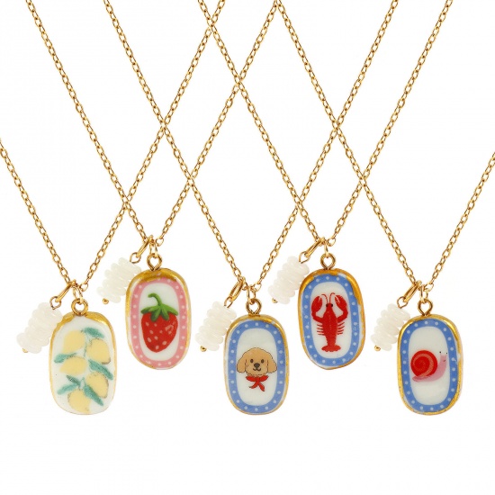 Immagine di Ovale Ceramica Stampato Collana con Ciondolo All'Ingrosso, Placcato Oro 18K 304 Acciaio Inossidabile & Cristallo Catena a Cavo, Donne PVD Y2K Dolce & Carino Regalo Gioielli Per Rivenditore, 45cm + 5cm Lunghezza, 1 Pz