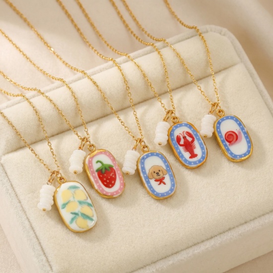 Immagine di Ovale Ceramica Stampato Collana con Ciondolo All'Ingrosso, Placcato Oro 18K 304 Acciaio Inossidabile & Cristallo Catena a Cavo, Donne PVD Y2K Dolce & Carino Regalo Gioielli Per Rivenditore, 45cm + 5cm Lunghezza, 1 Pz