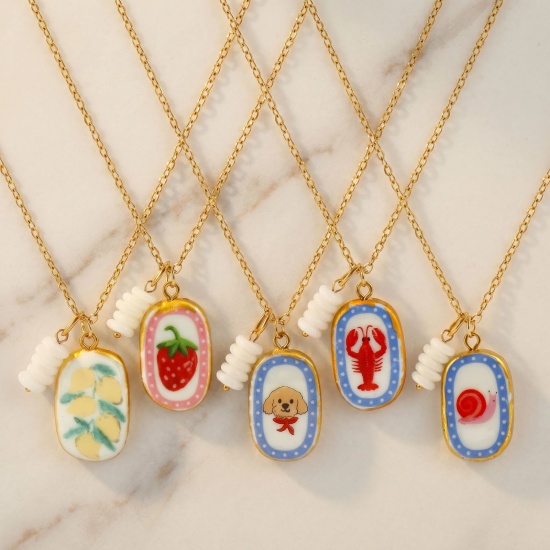 Immagine di Ovale Ceramica Stampato Collana con Ciondolo All'Ingrosso, Placcato Oro 18K 304 Acciaio Inossidabile & Cristallo Catena a Cavo, Donne PVD Y2K Dolce & Carino Regalo Gioielli Per Rivenditore, 45cm + 5cm Lunghezza, 1 Pz