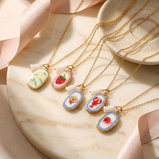 Immagine di Ovale Ceramica Stampato Collana con Ciondolo All'Ingrosso, Placcato Oro 18K 304 Acciaio Inossidabile & Cristallo Catena a Cavo, Donne PVD Y2K Dolce & Carino Regalo Gioielli Per Rivenditore, 45cm + 5cm Lunghezza, 1 Pz