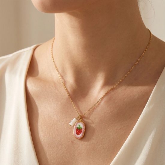 Immagine di Ovale Ceramica Stampato Collana con Ciondolo All'Ingrosso, Placcato Oro 18K 304 Acciaio Inossidabile & Cristallo Catena a Cavo, Donne PVD Y2K Dolce & Carino Regalo Gioielli Per Rivenditore, 45cm + 5cm Lunghezza, 1 Pz