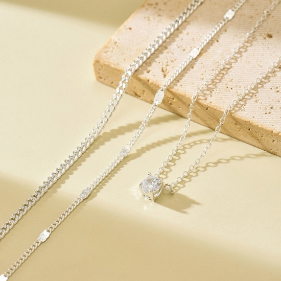 Picture of Wholesale Clear Cubic Zirconia Layered Stackable Necklace Set, Multicolor Brass Women's Stylish Ins Style Gift Jewelry For Retailer, 55cm(21.7") + 7cm(2.8") long