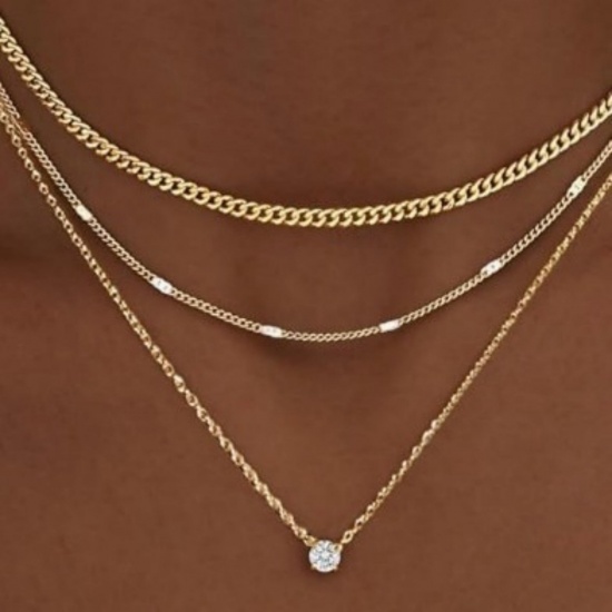 Picture of Wholesale Clear Cubic Zirconia Layered Stackable Necklace Set, Multicolor Brass Women's Stylish Ins Style Gift Jewelry For Retailer, 55cm(21.7") + 7cm(2.8") long