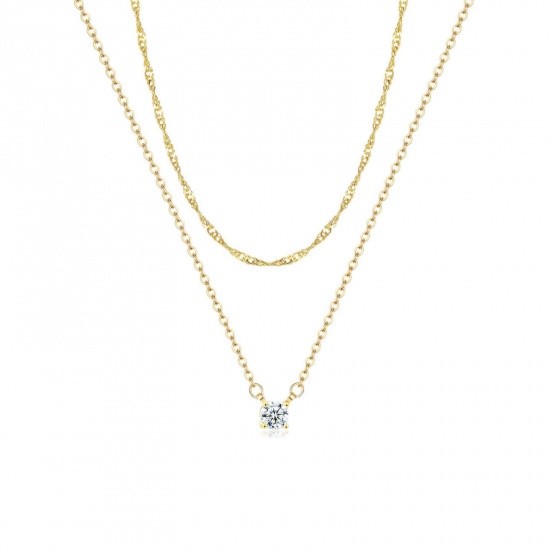 Picture of Wholesale Clear Cubic Zirconia Layered Stackable Necklace Set, 18K Gold Plated Brass Women's Stylish Ins Style Gift Jewelry For Retailer, 41cm(16.1") + 5cm(2") long
