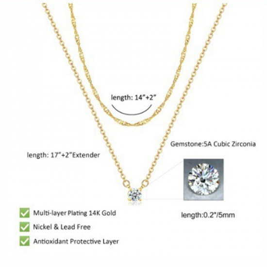 Picture of Wholesale Clear Cubic Zirconia Layered Stackable Necklace Set, 18K Gold Plated Brass Women's Stylish Ins Style Gift Jewelry For Retailer, 41cm(16.1") + 5cm(2") long