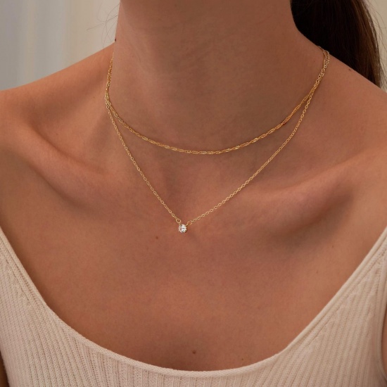 Picture of Wholesale Clear Cubic Zirconia Layered Stackable Necklace Set, 18K Gold Plated Brass Women's Stylish Ins Style Gift Jewelry For Retailer, 41cm(16.1") + 5cm(2") long