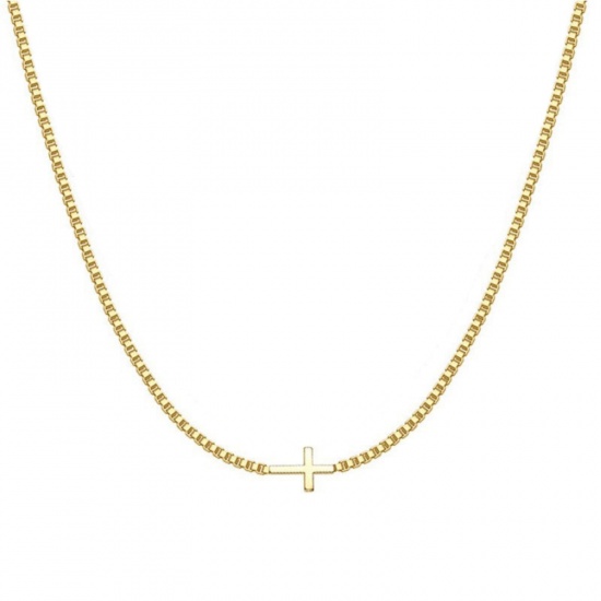 Picture of Wholesale Cross Pendant Charm Necklace, Multicolor Brass Box Chain, Women's Simple Religious Gift Jewelry For Retailer, 40cm(15.7") + 5cm(2") long
