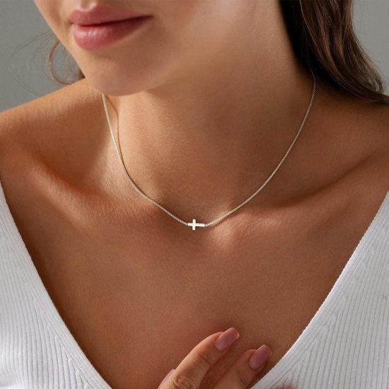 Picture of Wholesale Cross Pendant Charm Necklace, Multicolor Brass Box Chain, Women's Simple Religious Gift Jewelry For Retailer, 40cm(15.7") + 5cm(2") long