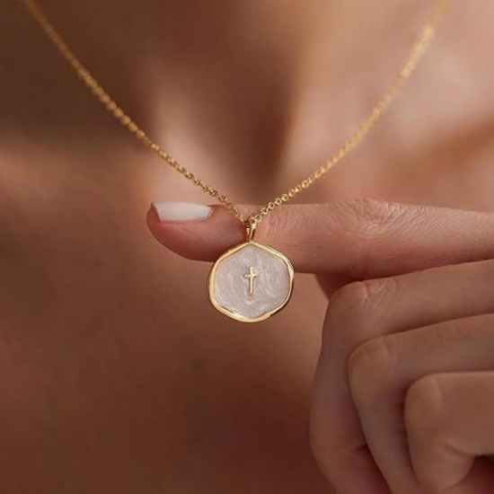 Picture of Wholesale Round Disc Cross Multicolor Enamel Pendant Charm Necklace, Brass Link Cable Chain, Women's Elegant Religious Gift Jewelry For Retailer, 45cm(17.7") long